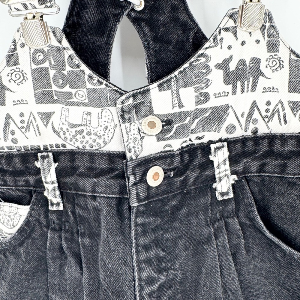 Wrangler Vintage 80s Printed Short Overalls Made in USA Retro Black Sz 11  Artsy - Picture 4 of 9